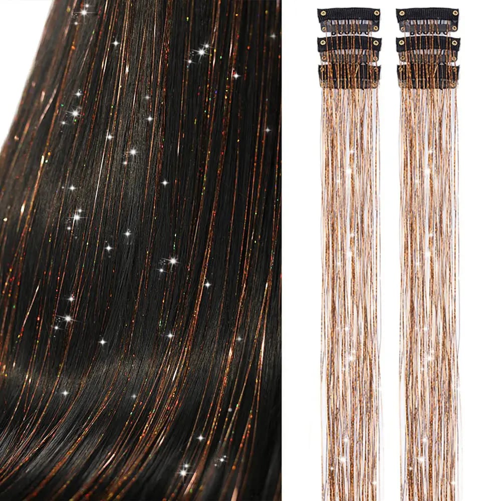 24 Inch Clip-On Glitter Hair Tinsel Extensions 6 Pcs Set