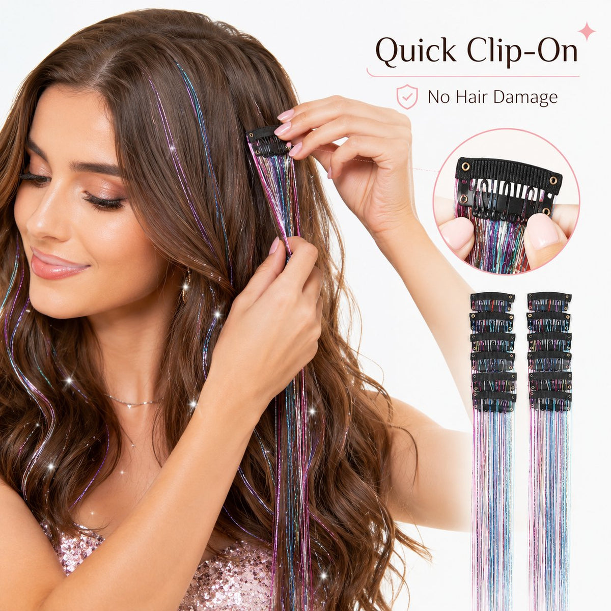 24 Inch Clip-On Glitter Hair Tinsel Extensions 6 Pcs Set