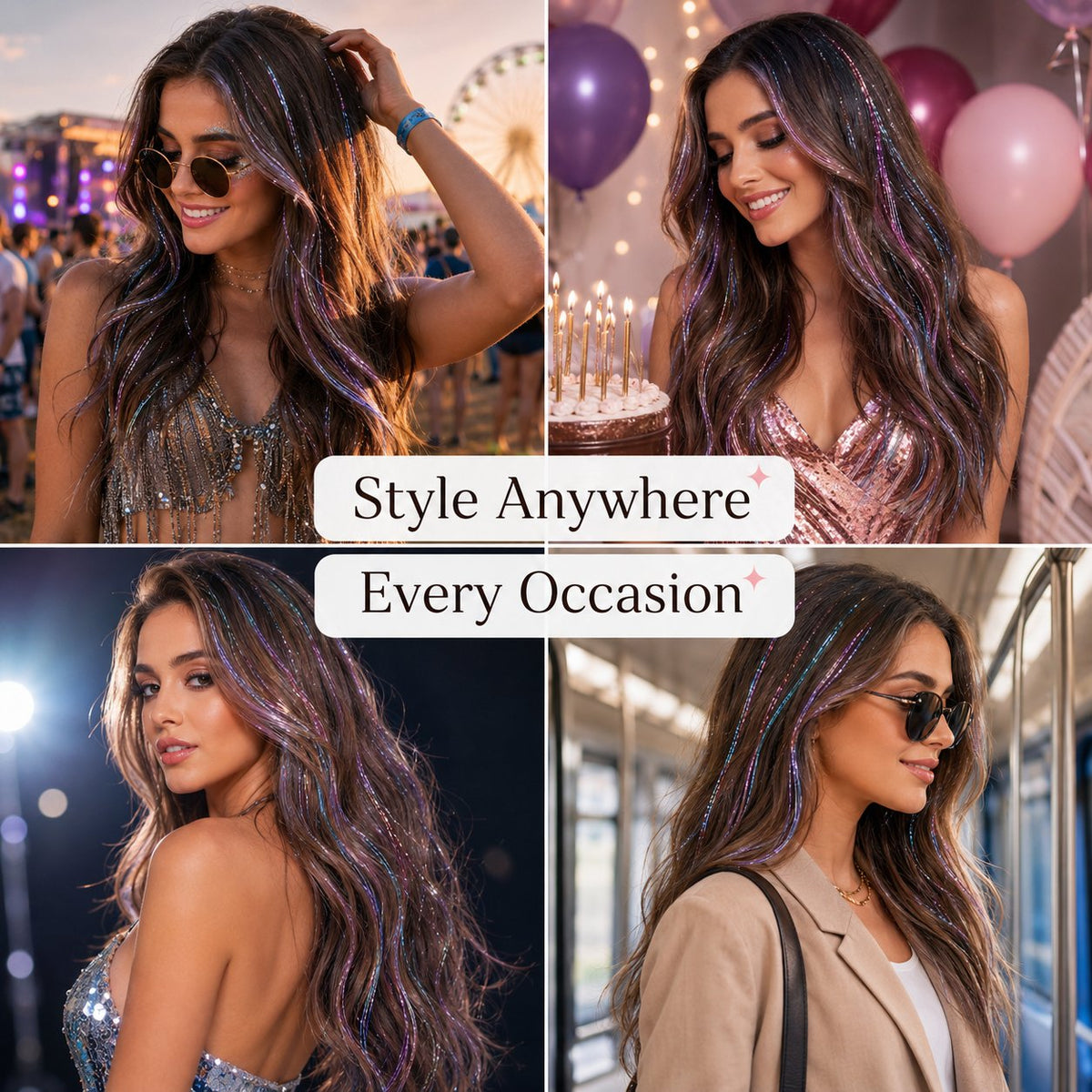 24 Inch Clip-On Glitter Hair Tinsel Extensions 6 Pcs Set
