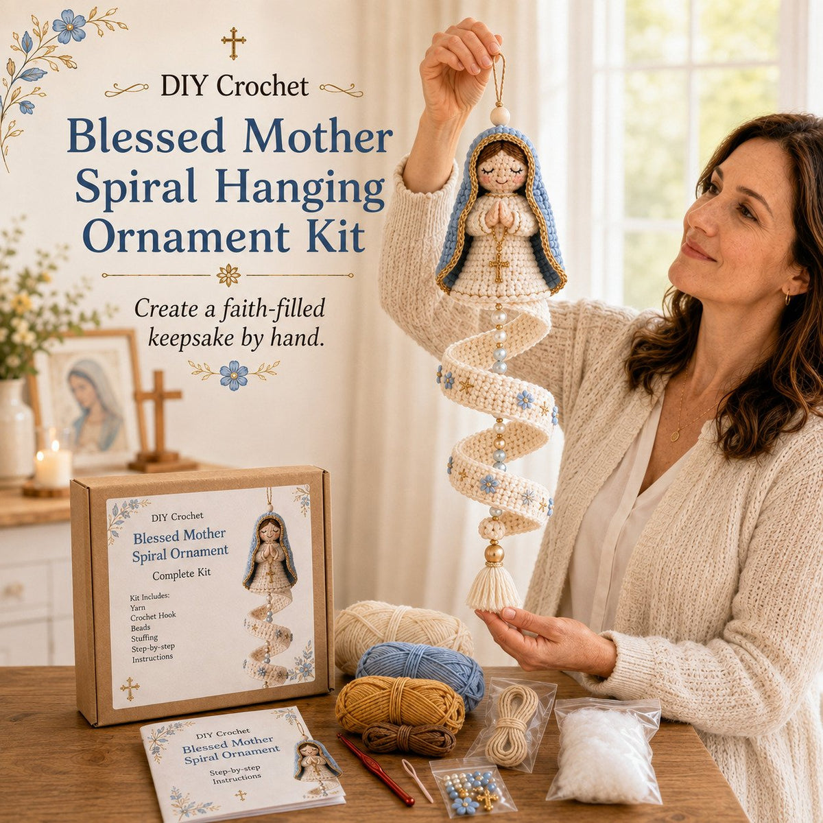 🔥Last Day 50% OFF -✝️DIY Crochet Blessed Mother Spiral Hanging Ornament Kit