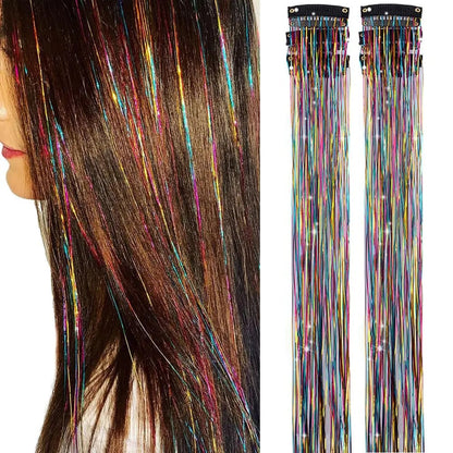 24 Inch Clip-On Glitter Hair Tinsel Extensions 6 Pcs Set