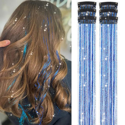 24 Inch Clip-On Glitter Hair Tinsel Extensions 6 Pcs Set