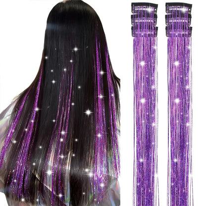 24 Inch Clip-On Glitter Hair Tinsel Extensions 6 Pcs Set