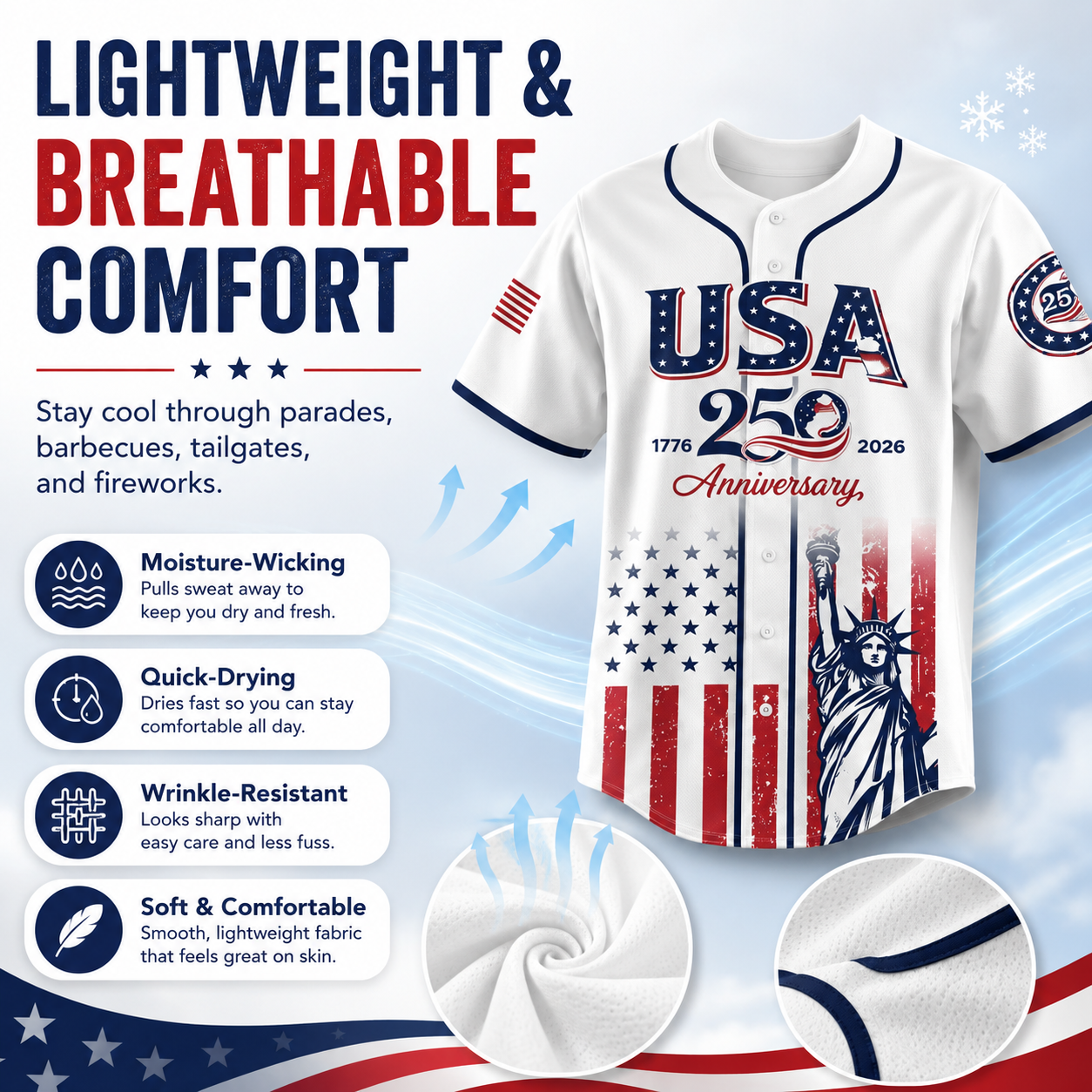 🔥LAST DAY SALE 49% OFF - 🇺🇸🦅USA 250th Anniversary Baseball Jersey – 1776-2026 Independence Day Patriotic Shirt, Men & Women, Flag & Liberty Print✨
