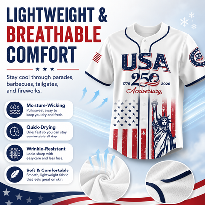 🔥LAST DAY SALE 49% OFF - 🇺🇸🦅USA 250th Anniversary Baseball Jersey – 1776-2026 Independence Day Patriotic Shirt, Men & Women, Flag & Liberty Print✨