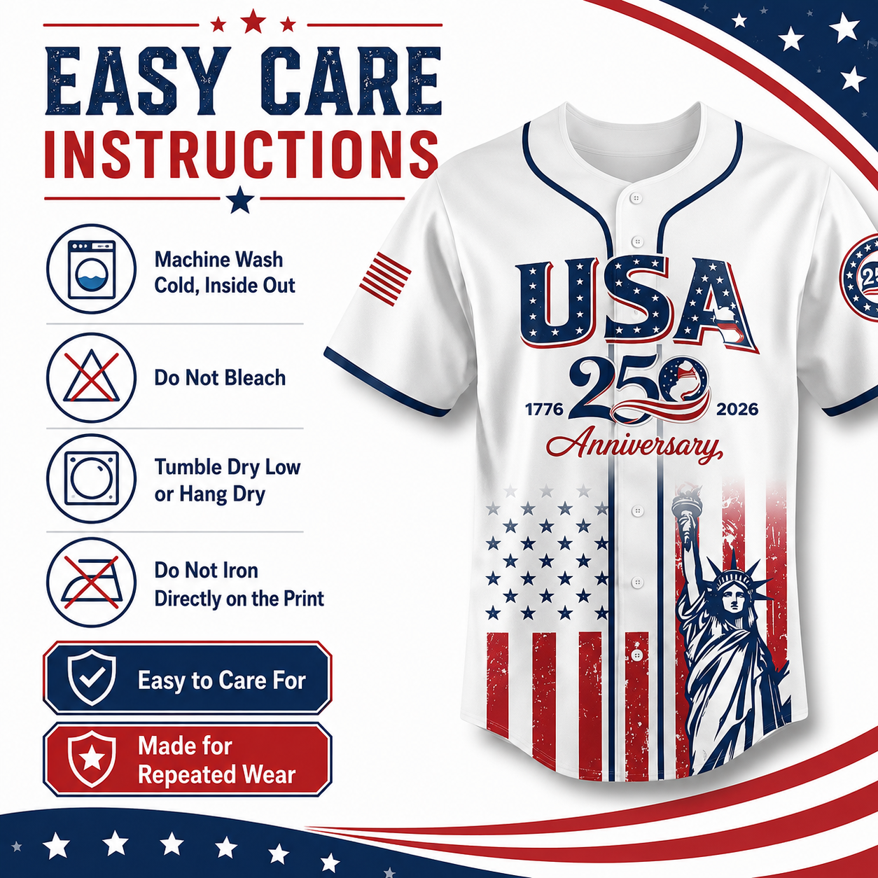 🔥LAST DAY SALE 49% OFF - 🇺🇸🦅USA 250th Anniversary Baseball Jersey – 1776-2026 Independence Day Patriotic Shirt, Men & Women, Flag & Liberty Print✨