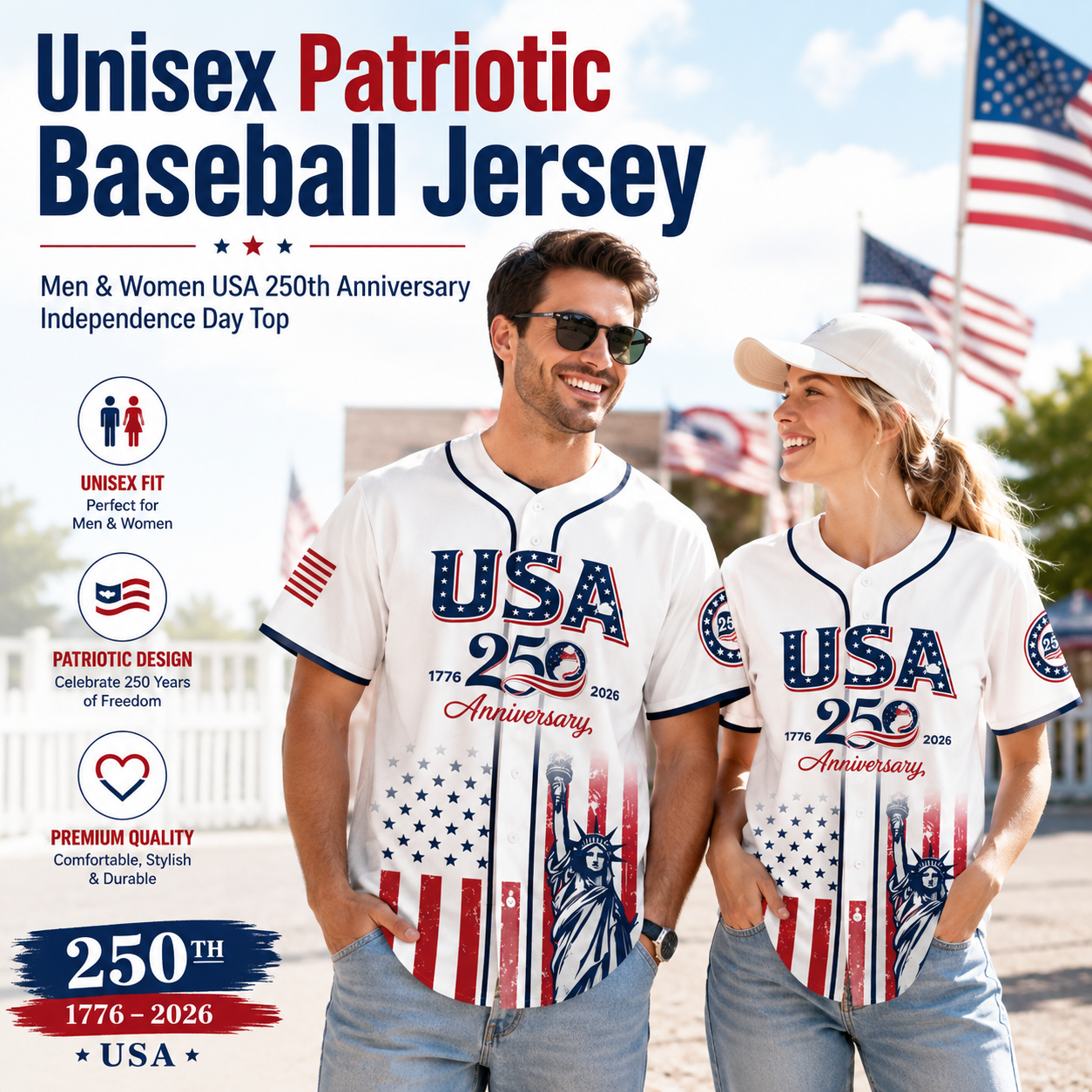 🔥LAST DAY SALE 49% OFF - 🇺🇸🦅USA 250th Anniversary Baseball Jersey – 1776-2026 Independence Day Patriotic Shirt, Men & Women, Flag & Liberty Print✨