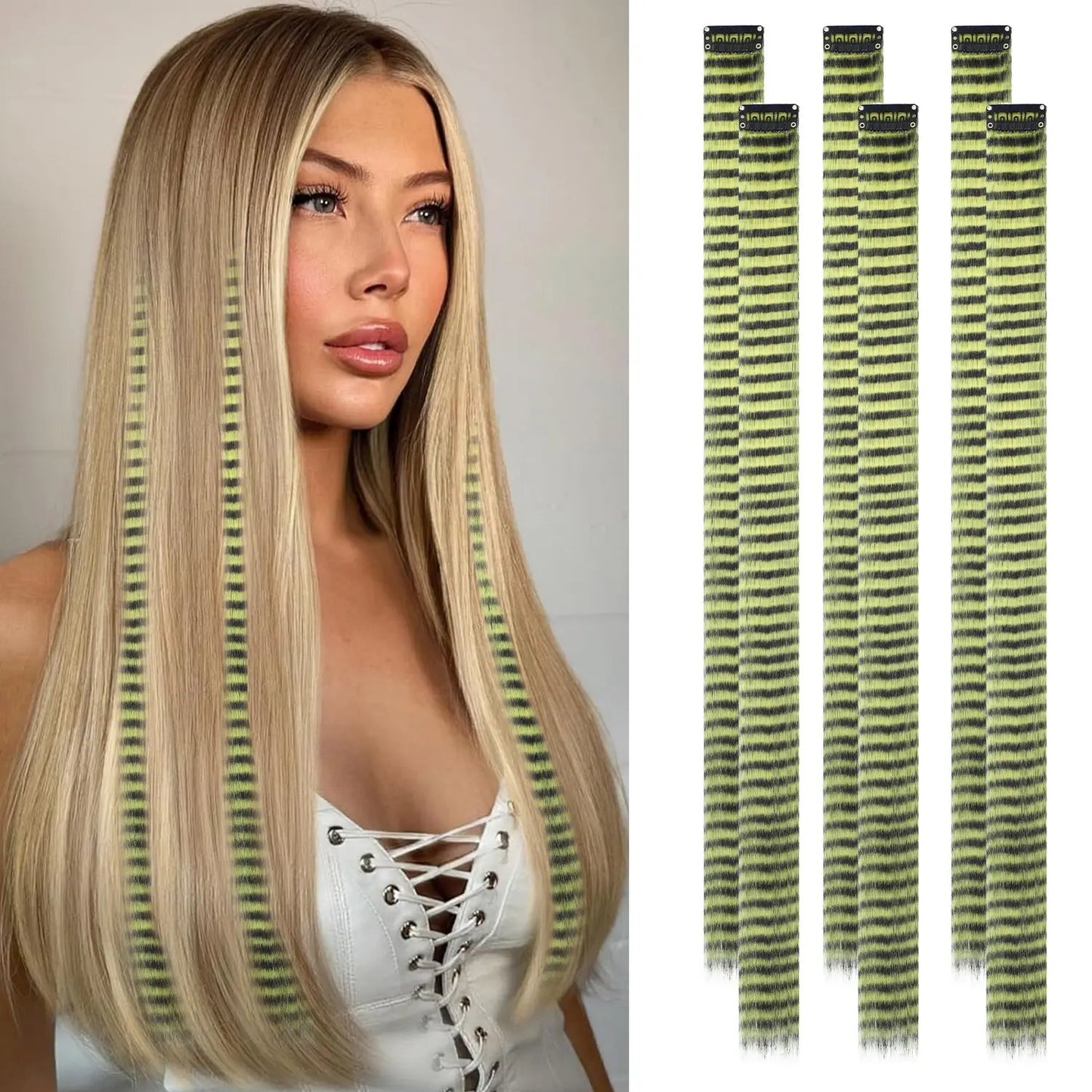 24 Inch Clip-On Glitter Hair Tinsel Extensions 6 Pcs Set