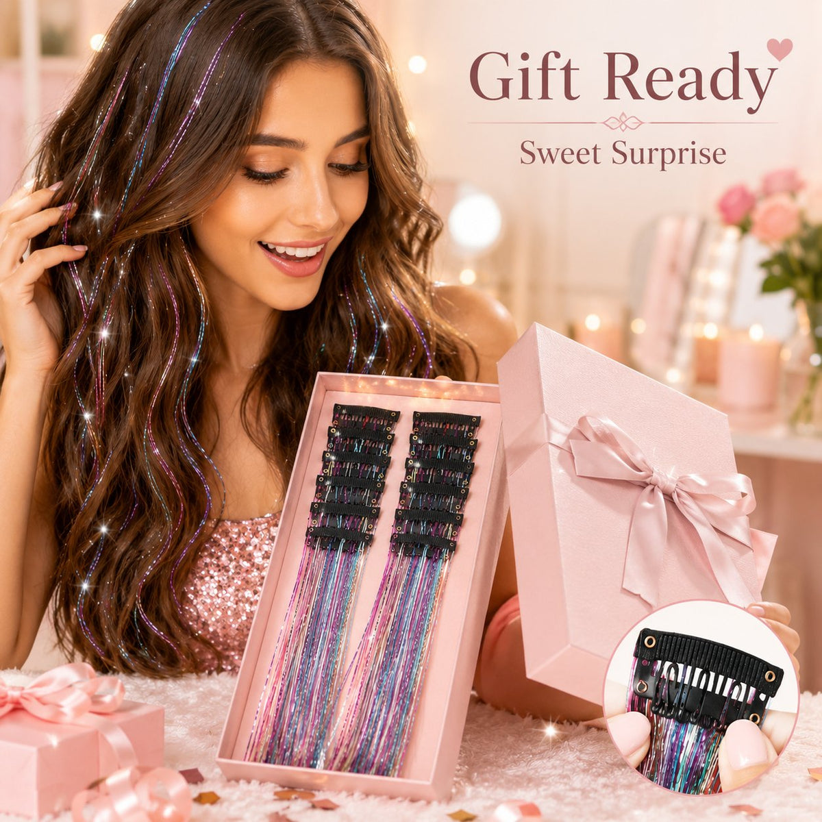 24 Inch Clip-On Glitter Hair Tinsel Extensions 6 Pcs Set