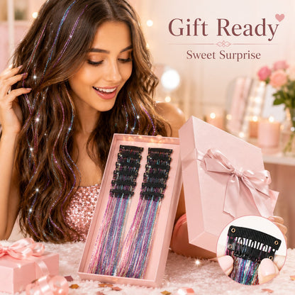 24 Inch Clip-On Glitter Hair Tinsel Extensions 6 Pcs Set