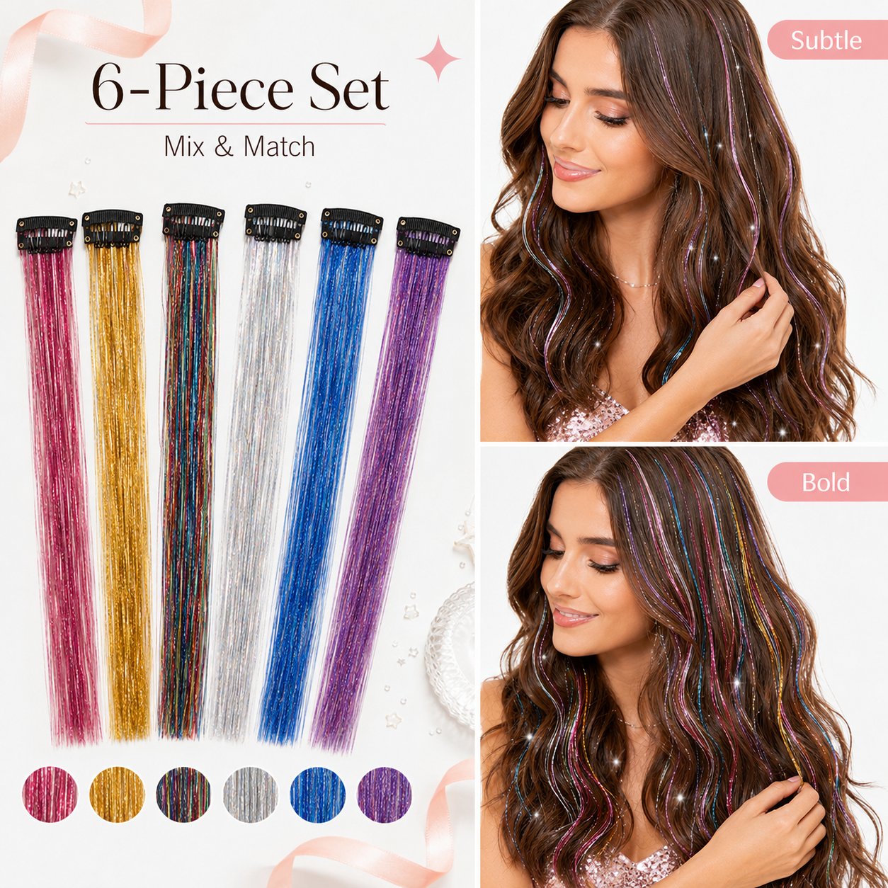 24 Inch Clip-On Glitter Hair Tinsel Extensions 6 Pcs Set