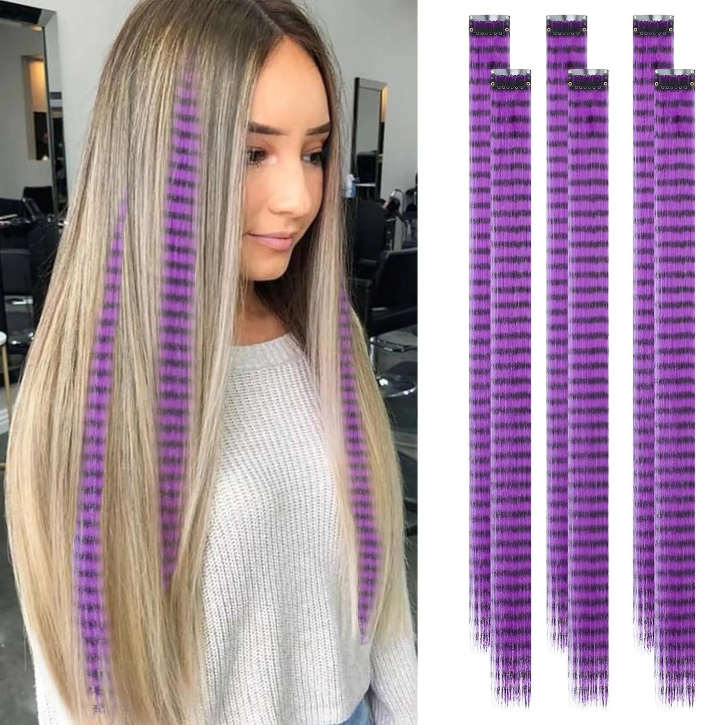 24 Inch Clip-On Glitter Hair Tinsel Extensions 6 Pcs Set