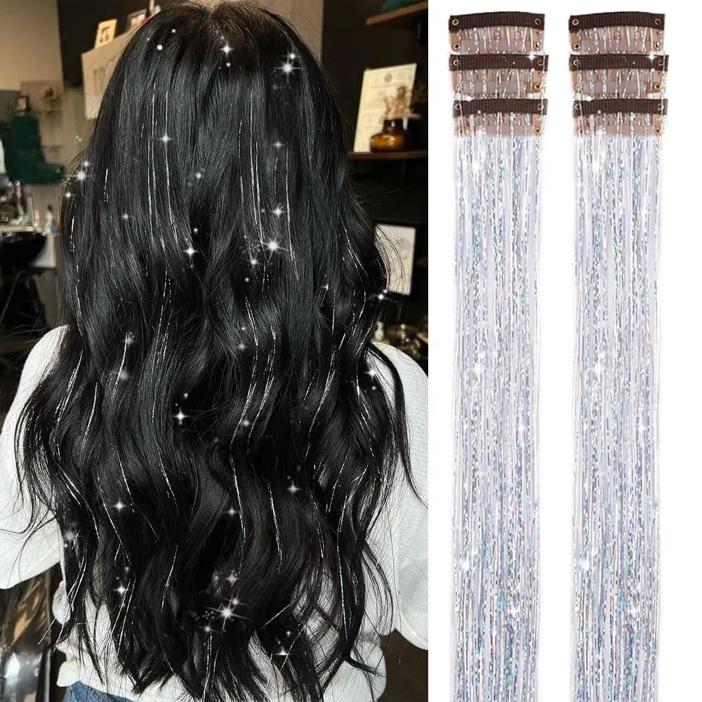 24 Inch Clip-On Glitter Hair Tinsel Extensions 6 Pcs Set