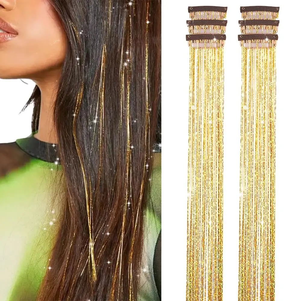 24 Inch Clip-On Glitter Hair Tinsel Extensions 6 Pcs Set
