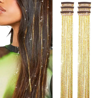 24 Inch Clip-On Glitter Hair Tinsel Extensions 6 Pcs Set