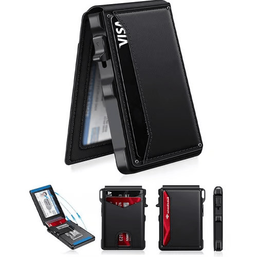 ⚡70K+ SOLD !-Wallet for Men - with Pop Up Aluminum Case Money Clip Slim Leather Slots Credit Card Holder RFID Blocking Bifold Minimalist Wallet