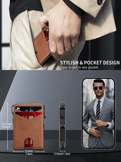 ⚡70K+ SOLD !-Wallet for Men - with Pop Up Aluminum Case Money Clip Slim Leather Slots Credit Card Holder RFID Blocking Bifold Minimalist Wallet