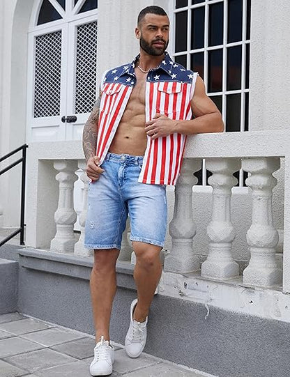 🔥LAST DAY SALE 49% OFF - 🇺🇸🦅Men's American Flag Denim Vest - 4th of July Patriotic Casual Sleeveless Jacket✨