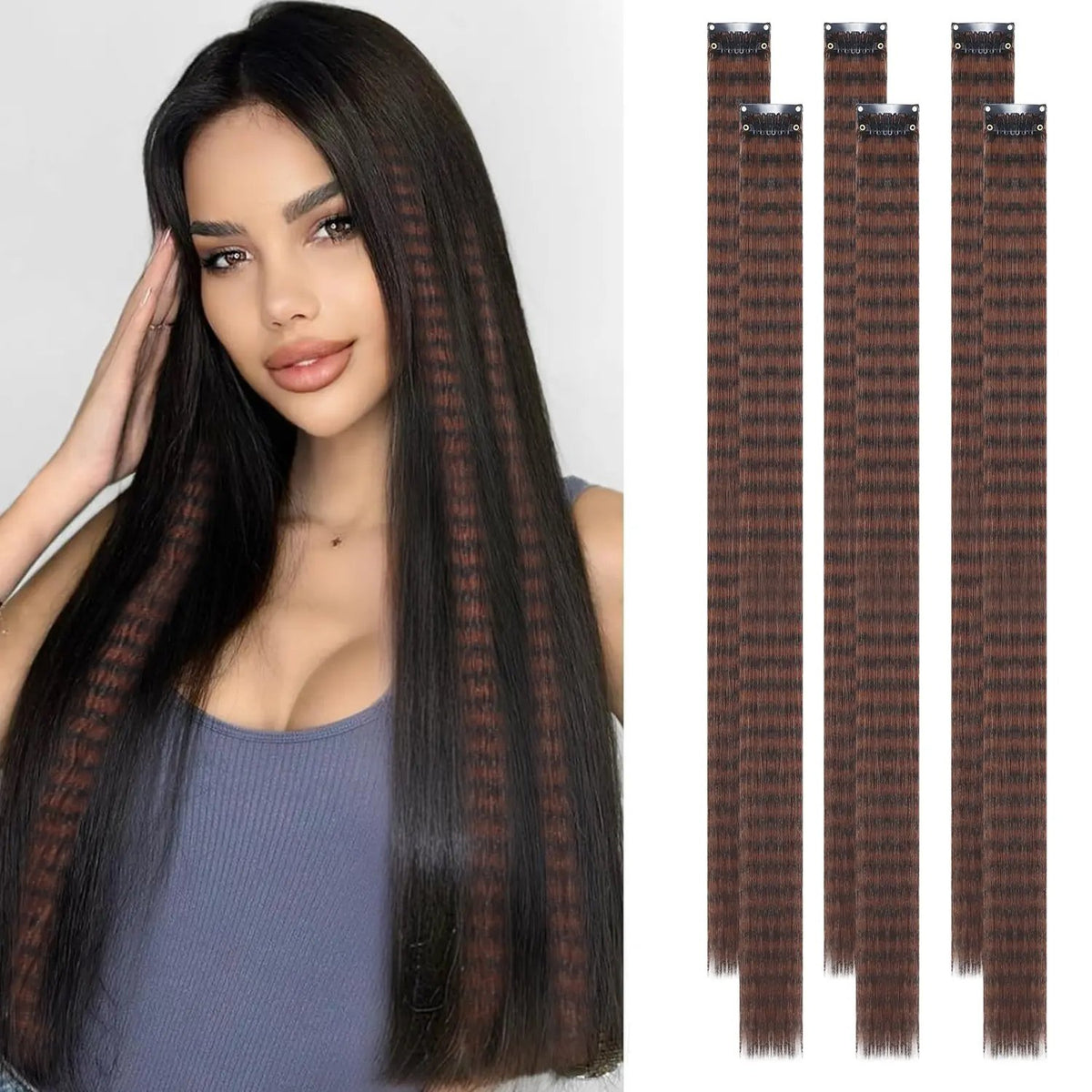 24 Inch Clip-On Glitter Hair Tinsel Extensions 6 Pcs Set